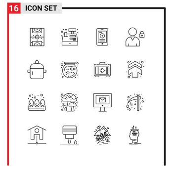 User Interface Pack of 16 Basic Outlines of food cooking medical user block Editable Vector Design Elements