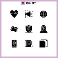 Mobile Interface Solid Glyph Set of 9 Pictograms of security shield globe internet love Editable Vector Design Elements