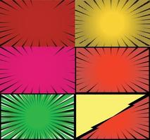 Comic book colorful frames background with halftone rays radial and dotted effects pop art style vector