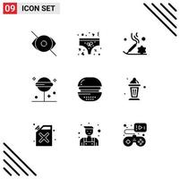 Modern Set of 9 Solid Glyphs Pictograph of burger lollipop underwear halloween relaxation Editable Vector Design Elements