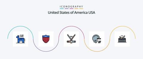 Paquete de iconos planos llenos de línea de EE. UU. 5 que incluye música. tambor. hokey casco. americano vector