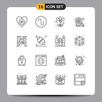 Mobile Interface Outline Set of 16 Pictograms of bell protect flower search bug Editable Vector Design Elements