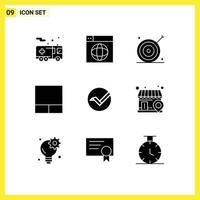 Set of 9 Commercial Solid Glyphs pack for coin layout world grid marketing Editable Vector Design Elements