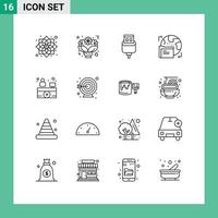 Modern Set of 16 Outlines Pictograph of hospital reception folder roses world usb Editable Vector Design Elements