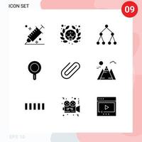 Mobile Interface Solid Glyph Set of 9 Pictograms of paper binder link attachment pan Editable Vector Design Elements