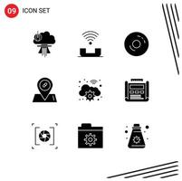 Pack of 9 Modern Solid Glyphs Signs and Symbols for Web Print Media such as pills medical support sweet donuts Editable Vector Design Elements