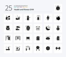 Gym 25 Solid Glyph icon pack including food. watch. bag. sport. sports vector