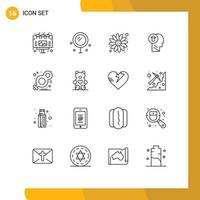 Pack of 16 Modern Outlines Signs and Symbols for Web Print Media such as day mind carnival knowledge head Editable Vector Design Elements