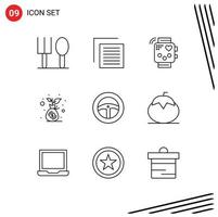 Set of 9 Commercial Outlines pack for steering money bag device investment budget Editable Vector Design Elements