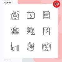 Modern Set of 9 Outlines Pictograph of find startup file spaceship testing Editable Vector Design Elements