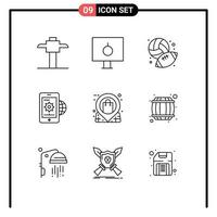 Pictogram Set of 9 Simple Outlines of market setting baseball globe gear Editable Vector Design Elements