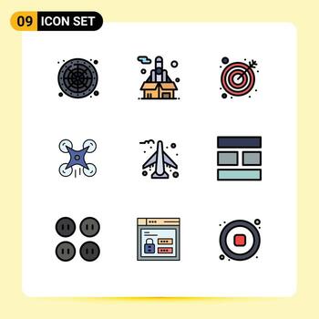 9 colores planos universales de línea de relleno establecidos para aplicaciones web y móviles avión avión flecha imagen drone elementos de diseño vectorial editables vector