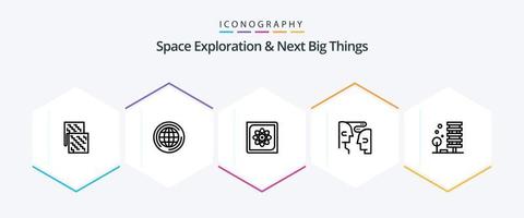 Space Exploration And Next Big Things 25 Line icon pack including interaction. communication. think. brain. data vector