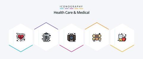 Health Care And Medical 25 FilledLine icon pack including apple. bandage. aid. band. box vector