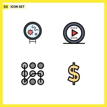 Filledline Flat Color Pack of 4 Universal Symbols of bacteria secure search play currency Editable Vector Design Elements