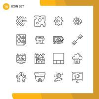 Pack of 16 Modern Outlines Signs and Symbols for Web Print Media such as view search gear looking find Editable Vector Design Elements