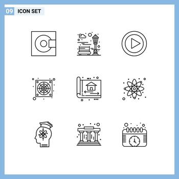 Universal Icon Symbols Group of 9 Modern Outlines of blue print cooler recreation computer play Editable Vector Design Elements