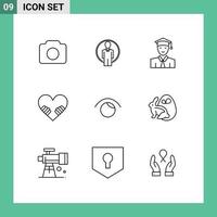 paquete de 9 signos y símbolos de contornos modernos para medios de impresión web, como elementos de diseño de vectores editables del corazón de san valentín del estudiante de ojo de reloj