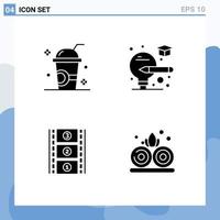 Group of 4 Solid Glyphs Signs and Symbols for drink film stip milkshake light lotus Editable Vector Design Elements