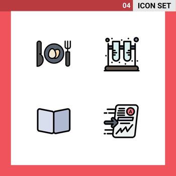 Mobile Interface Filledline Flat Color Set of 4 Pictograms of dinner book chemistry science layout Editable Vector Design Elements