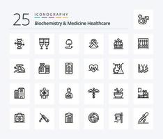 paquete de iconos de 25 líneas de bioquímica y medicina para la salud, incluido el médico. cinta. transfusión. oncología. estetoscopio vector