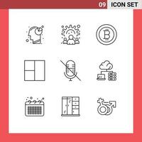 Set of 9 Vector Outlines on Grid for server cloud bitcoin mute mic Editable Vector Design Elements