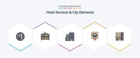 Hotel Services And City Elements 25 FilledLine icon pack including furniture. sign. hotel. stop. city vector