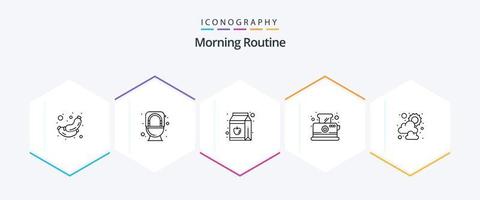 paquete de iconos de 25 líneas de rutina matutina que incluye soleado. desayuno. manzana. tostadora. pan de molde vector