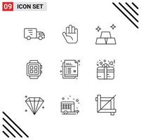 paquete de 9 signos y símbolos de contornos modernos para medios de impresión web, como documentos de lápiz, dinero, tecnología creativa, elementos de diseño de vectores editables