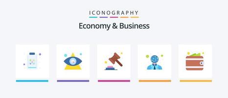 Economy And Business Flat 5 Icon Pack Including money. world. auction. user. communication. Creative Icons Design vector