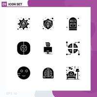 Editable Vector Line Pack of 9 Simple Solid Glyphs of laboratory cell thinking biology post Editable Vector Design Elements