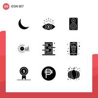 Universal Icon Symbols Group of 9 Modern Solid Glyphs of time market hifi graphs chart Editable Vector Design Elements