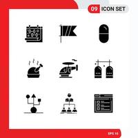 Pictogram Set of 9 Simple Solid Glyphs of vehicle helicopter dope roast turkey Editable Vector Design Elements