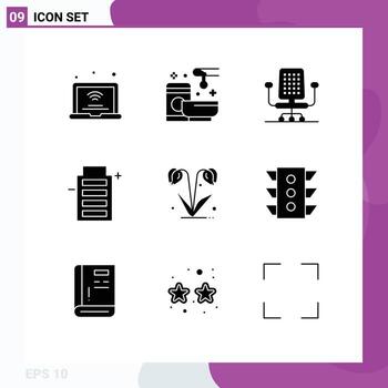 9 Universal Solid Glyphs Set for Web and Mobile Applications flower energy wax ecology work Editable Vector Design Elements