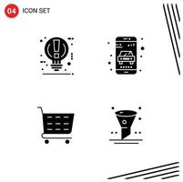 Mobile Interface Solid Glyph Set of 4 Pictograms of bulb ecommerce power online shopping cart Editable Vector Design Elements
