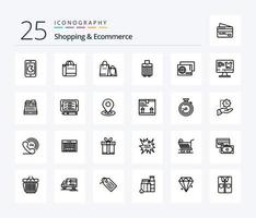 paquete de iconos de 25 líneas de compras y comercio electrónico que incluye pantalla. compras. bolso . pasaporte identidad vector