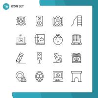 User Interface Pack of 16 Basic Outlines of share laptop location slide child Editable Vector Design Elements