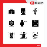 Mobile Interface Solid Glyph Set of 9 Pictograms of avatar park transportation ferris percent gain Editable Vector Design Elements