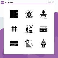 Modern Set of 9 Solid Glyphs Pictograph of park bench living twitter hash tag Editable Vector Design Elements