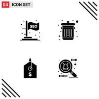 Pack of 4 Modern Solid Glyphs Signs and Symbols for Web Print Media such as flag tag seo trash Layer 1 Editable Vector Design Elements