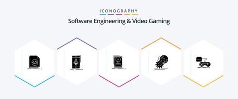 paquete de iconos de 25 glifos de ingeniería de software y videojuegos que incluye instalación. discos compactos. móvil. subir. disco duro vector