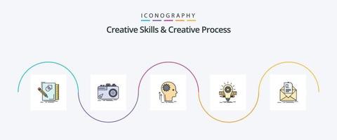 habilidades creativas y línea de proceso creativo lleno de paquete de iconos planos 5 que incluye bombilla. desarrollo foto. lluvia de ideas. pensando vector