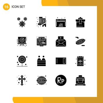 16 glifos sólidos universales establecidos para aplicaciones web y móviles tablero regalo caja real elementos de diseño vectorial editables web vector