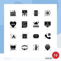 Group of 16 Solid Glyphs Signs and Symbols for love eco commerce working configuration Editable Vector Design Elements