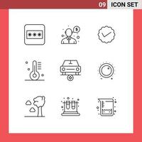 Pack of 9 Modern Outlines Signs and Symbols for Web Print Media such as car food media drinks appliance Editable Vector Design Elements