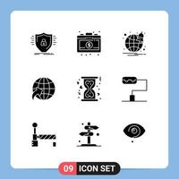 Pack of 9 Modern Solid Glyphs Signs and Symbols for Web Print Media such as hourglass donation browser charity globe Editable Vector Design Elements