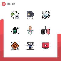 Group of 9 Filledline Flat Colors Signs and Symbols for moon masjid mining mosque marriage Editable Vector Design Elements