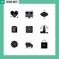 Group of 9 Solid Glyphs Signs and Symbols for up fan view cooling paper Editable Vector Design Elements