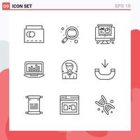 Group of 9 Outlines Signs and Symbols for user monitoring study analytics laptop Editable Vector Design Elements