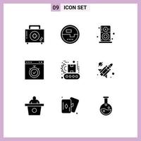 Pack of 9 creative Solid Glyphs of stopwatch interface measuring browser player Editable Vector Design Elements